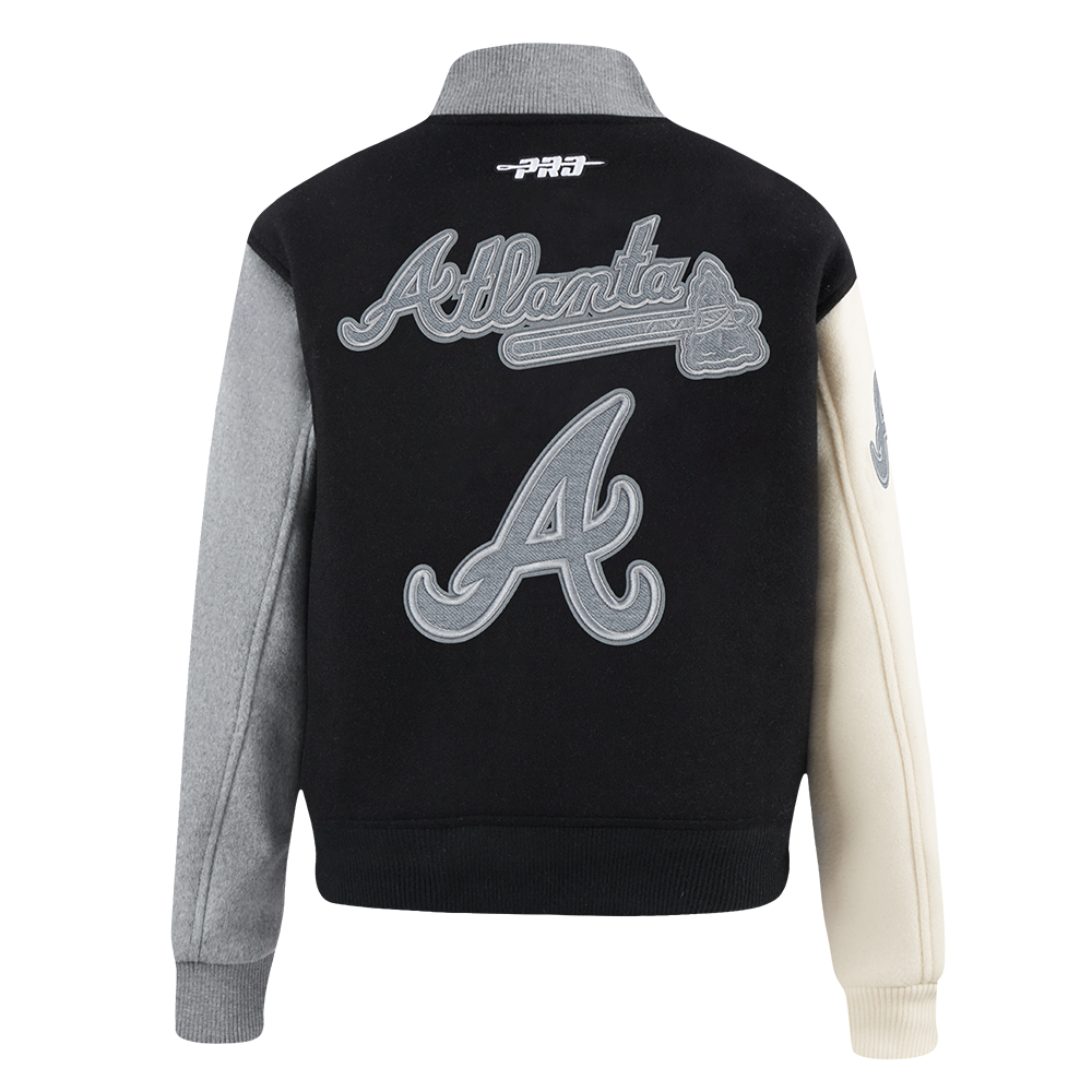 MLB ATLANTA BRAVES REVERSE FRENCH TERRY WOMEN'S WOOL VARSITY JACKET (BLACK/GRAY/EGGSHELL)