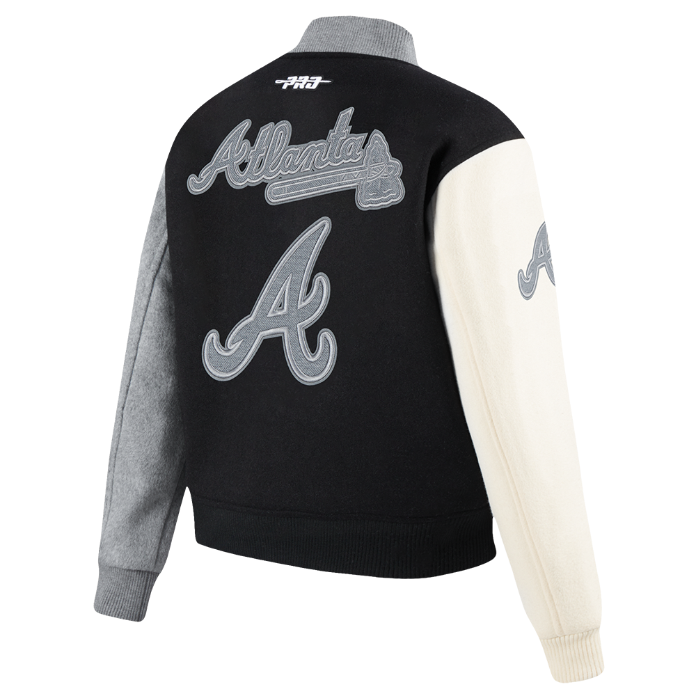 MLB ATLANTA BRAVES REVERSE FRENCH TERRY WOMEN'S WOOL VARSITY JACKET (BLACK/GRAY/EGGSHELL)