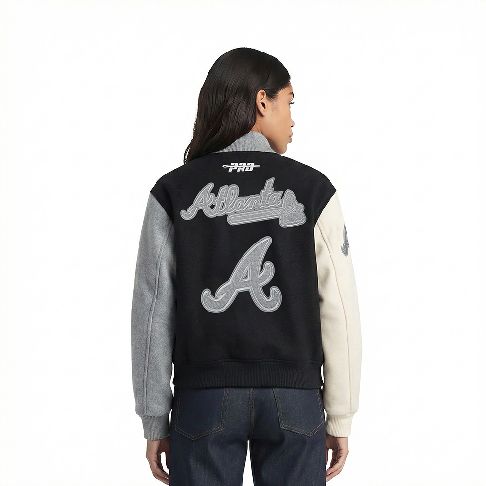 MLB ATLANTA BRAVES REVERSE FRENCH TERRY WOMEN'S WOOL VARSITY JACKET (BLACK/GRAY/EGGSHELL)