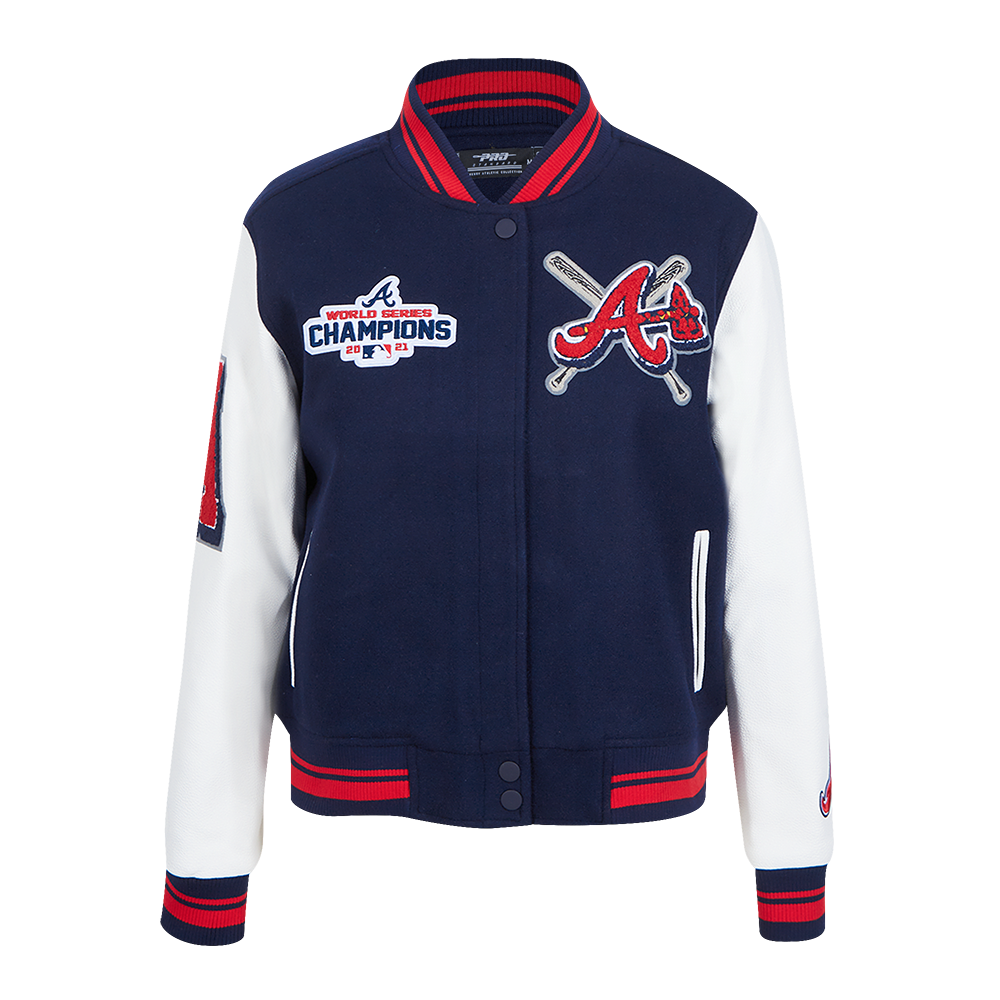 MLB ATLANTA BRAVES MASH UP BLOUSON COLLÉGIAL EN LAINE À BORDS CÔTELÉS POUR FEMME (MARINE MINUIT/ROUGE/MARINE MINUIT)