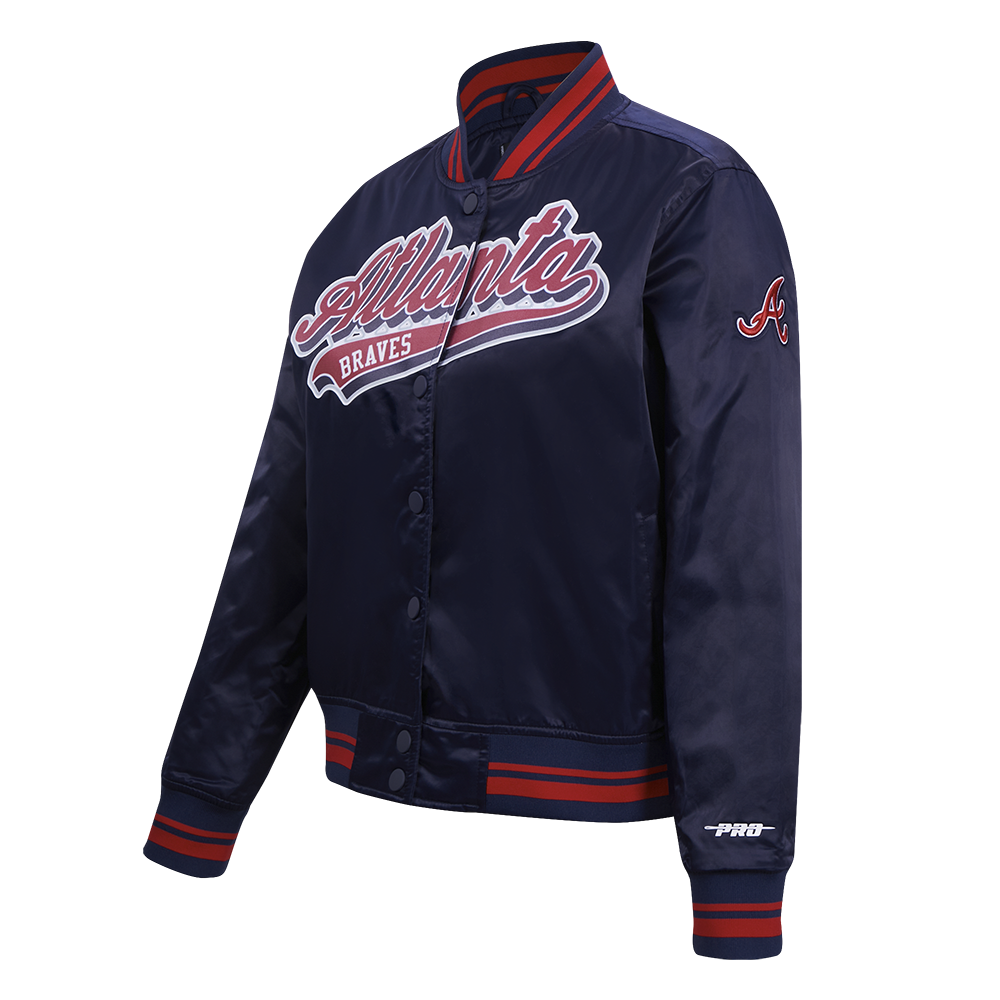 MLB ATLANTA BRAVES SCRIPT TAIL WOMEN'S SATIN JACKET (MIDNIGHT NAVY/RED/MIDNIGHT NAVY)