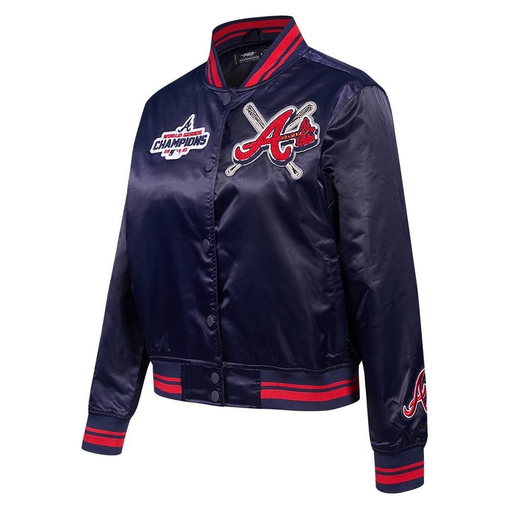 MLB ATLANTA BRAVES MASH UP BLOUSON EN SATIN À BORDS CÔTELÉS POUR FEMME (MARINE MINUIT/ROUGE/MARINE MINUIT)