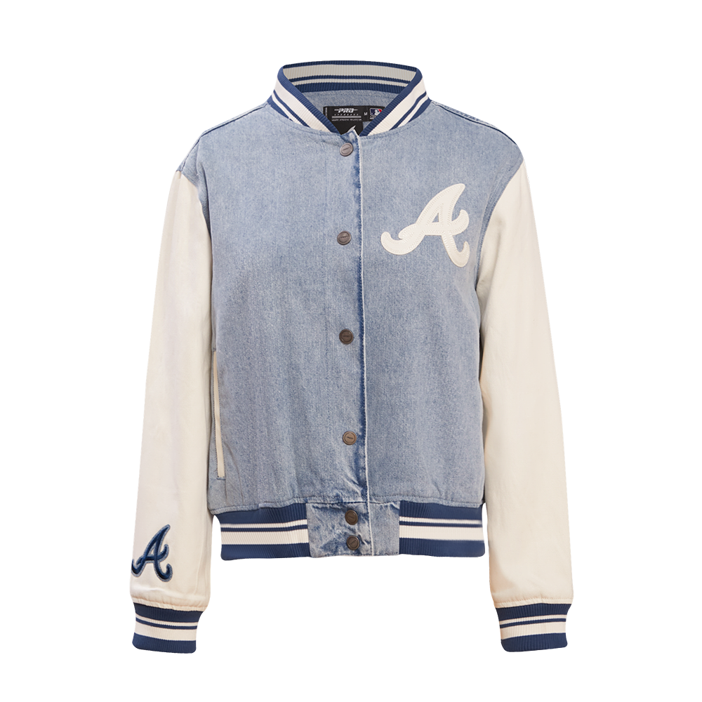 MLB ATLANTA BRAVES VARSITY BLUES BLOUSON COLLÉGIAL EN DENIM POUR FEMME (DENIM/LIN)