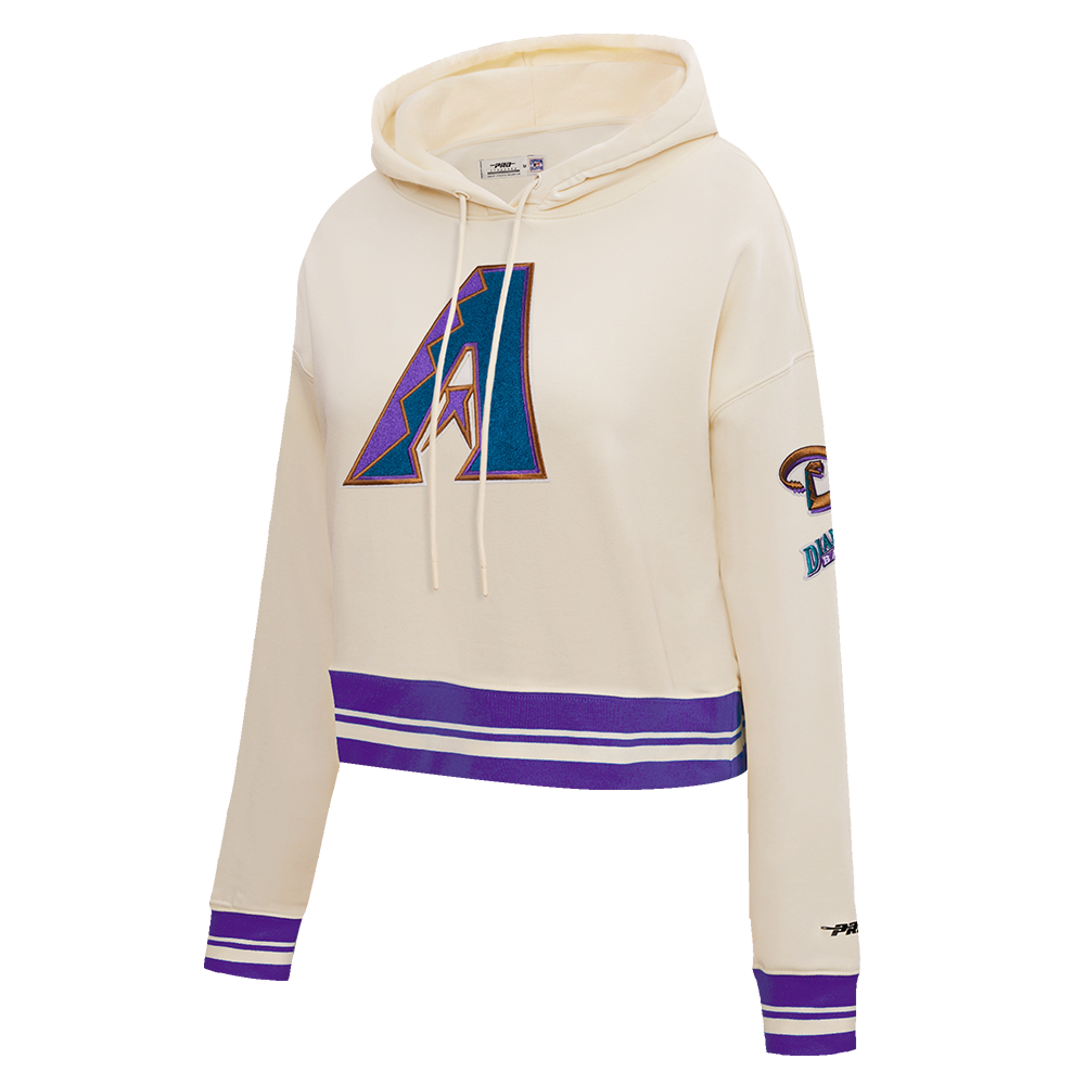 MLB ARIZONA DIAMONDBACKS RETRO CLASSIC WOMEN'S RIB CROPPED PULLOVER HOODIE (EGGSHELL/ PURPLE)
