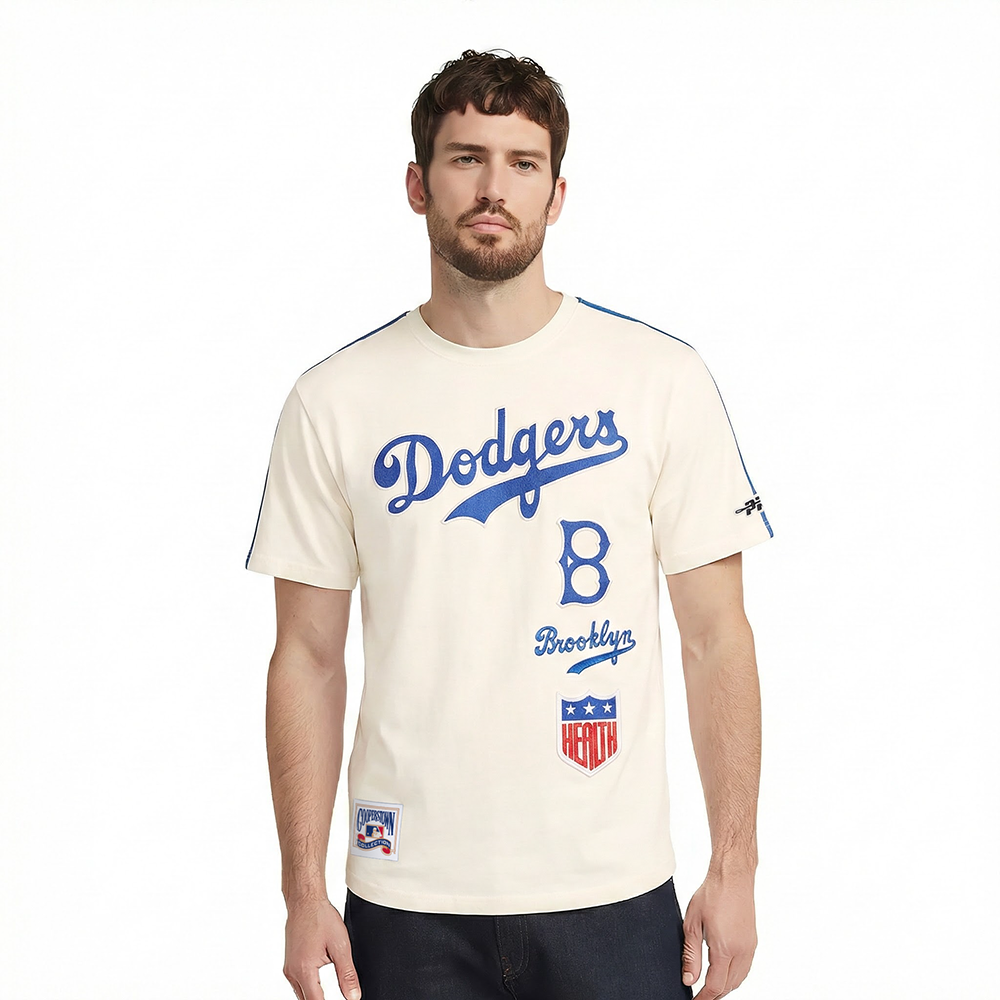 MLB BROOKLYN DODGERS RETRO CLASSICS HAUT EN JERSEY SIMPLE À BANDES POUR HOMME (COQUILLE D'ŒUF/BLEU ROYAL)