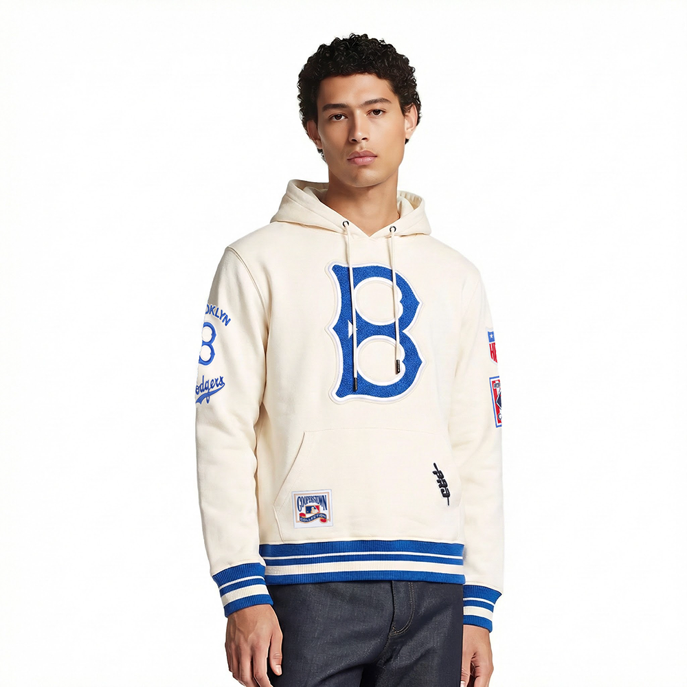 MLB BROOKLYN DODGERS RETRO CLASSICS MEN'S RIB FLC PO HOODIE (EGGSHELL/ROYAL BLUE)