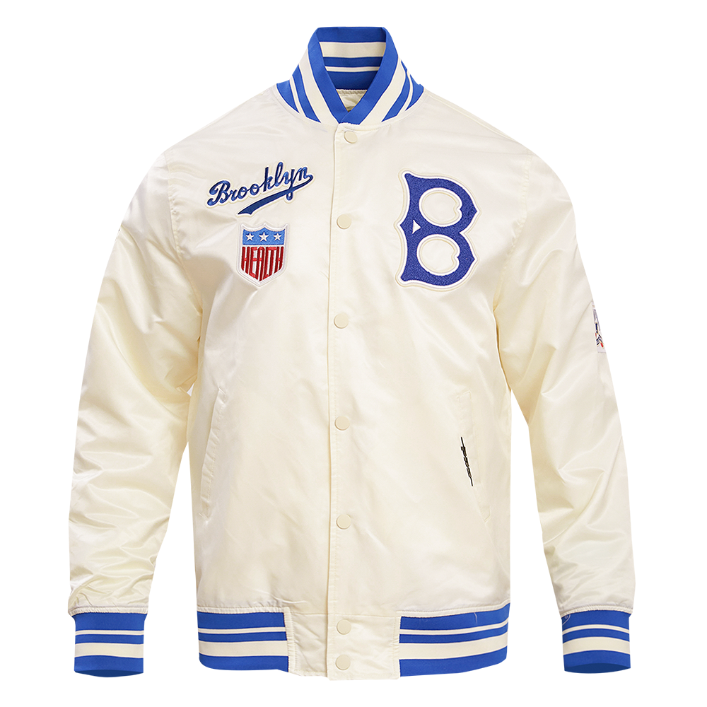 MLB BROOKLYN DODGERS RETRO CLASSIC MEN'S RIB SATIN JACKET (EGGSHELL/ ROYAL BLUE)