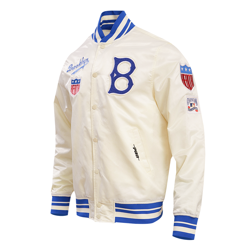 MLB BROOKLYN DODGERS RETRO CLASSIC MEN'S RIB SATIN JACKET (EGGSHELL/ ROYAL BLUE)