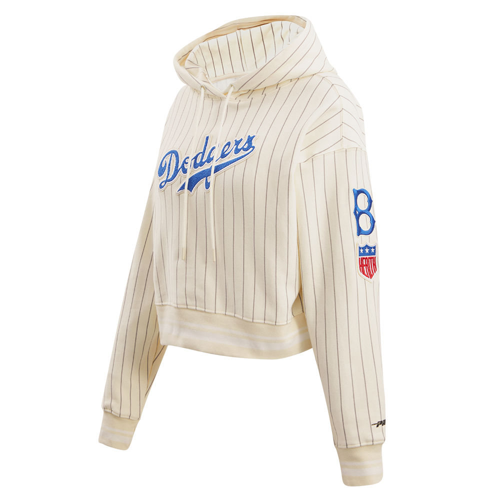 MLB BROOKLYN DODGERS PINSTRIPE RETRO CLASSIC WOMEN'S RIB CROPPED PULLOVER HOODIE (EGGSHELL/ GREY)