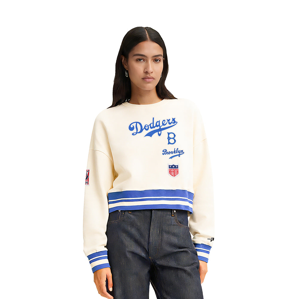 MLB BROOKLYN DODGERS  RETRO CLASSIC WOMEN'S RIB FLC CREWNECK (EGGSHELL/ROYAL BLUE)
