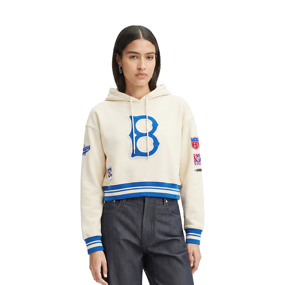 MLB BROOKLYN DODGERS RETRO CLASSIC CHANDAIL À CAPUCHON COURT EN MOLLETON CÔTELÉ POUR FEMME (COQUILLE D'ŒUF/BLEU ROYAL)