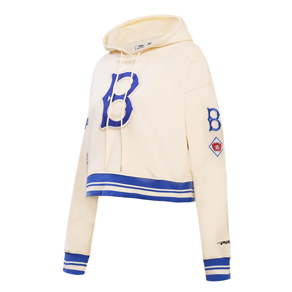 MLB BROOKLYN DODGERS RETRO CLASSIC WOMEN'S CROPPED PULLOVER HOODIE (EGGSHELL/ROYAL BLUE)
