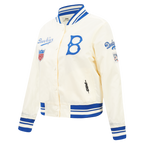 MLB BROOKLYN DODGERS RETRO CLASSIC BLOUSON EN SATIN À BORDS CÔTELÉS POUR FEMME (COQUILLE D'ŒUF/BLEU ROYAL)