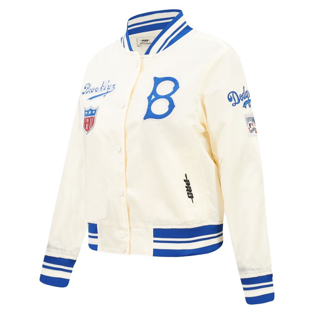 MLB BROOKLYN DODGERS RETRO CLASSIC BLOUSON EN SATIN À BORDS CÔTELÉS POUR FEMME (COQUILLE D'ŒUF/BLEU ROYAL)