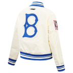 MLB BROOKLYN DODGERS RETRO CLASSIC BLOUSON EN SATIN À BORDS CÔTELÉS POUR FEMME (COQUILLE D'ŒUF/BLEU ROYAL)
