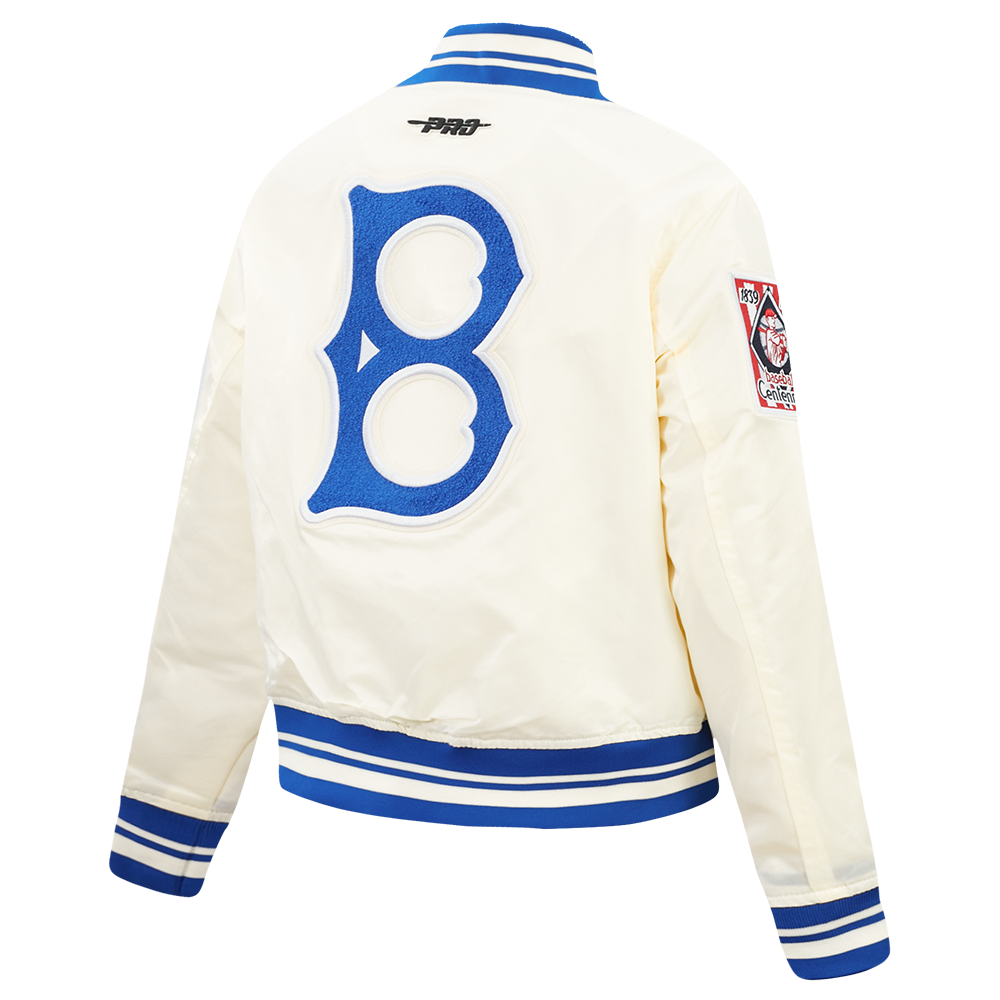 MLB BROOKLYN DODGERS RETRO CLASSIC BLOUSON EN SATIN À BORDS CÔTELÉS POUR FEMME (COQUILLE D'ŒUF/BLEU ROYAL)