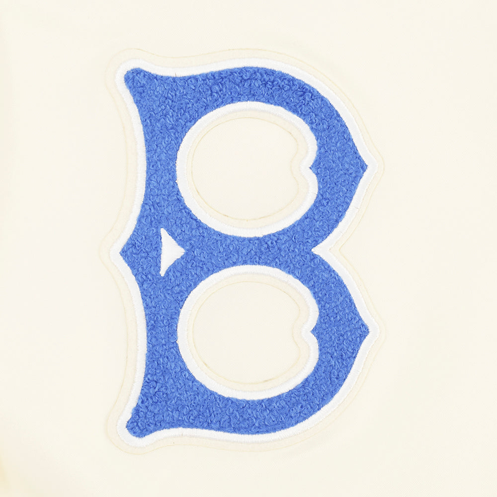 MLB BROOKLYN DODGERS RETRO CLASSIC BLOUSON EN SATIN À BORDS CÔTELÉS POUR FEMME (COQUILLE D'ŒUF/BLEU ROYAL)