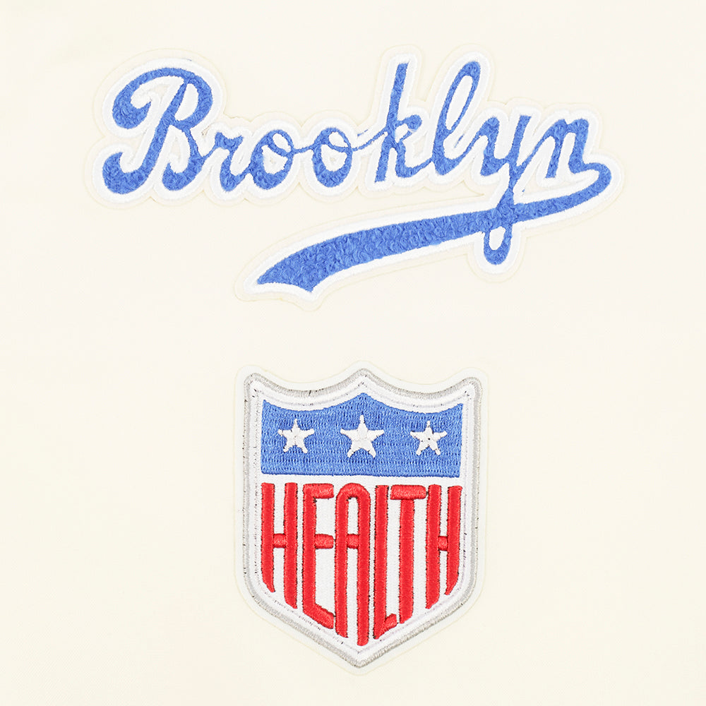 MLB BROOKLYN DODGERS RETRO CLASSIC BLOUSON EN SATIN À BORDS CÔTELÉS POUR FEMME (COQUILLE D'ŒUF/BLEU ROYAL)
