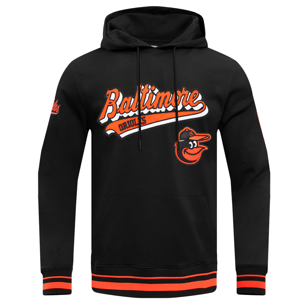 MLB BALTIMORE ORIOLES SCRIPT TAIL CHANDAIL À CAPUCHON EN MOLLETON CÔTELÉ POUR HOMME (NOIR/ORANGE)