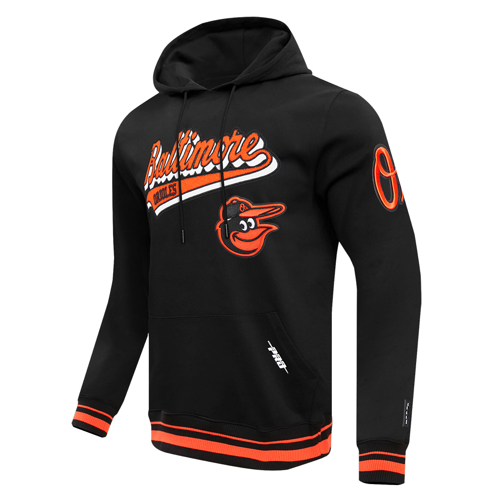 MLB BALTIMORE ORIOLES SCRIPT TAIL MEN'S RIB FLC PO HOODIE (BLACK/ORANGE)