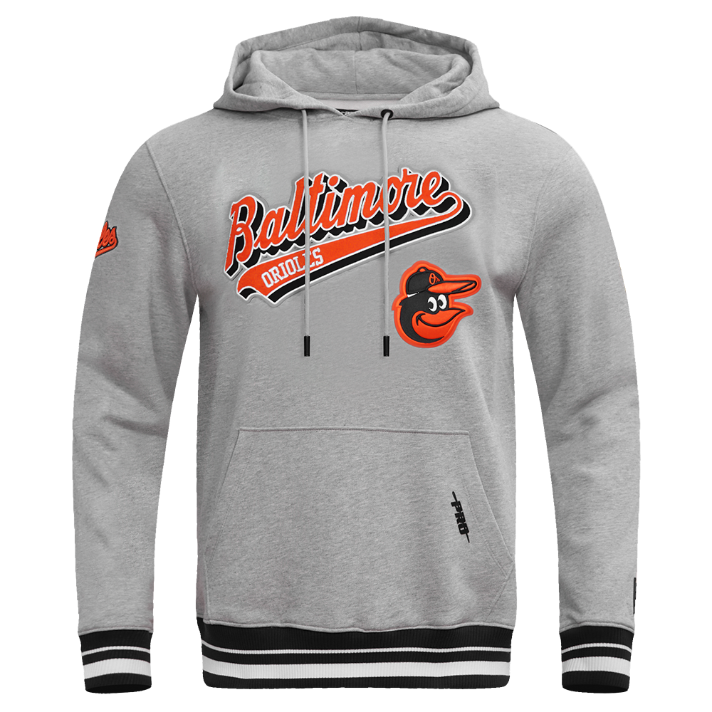 MLB BALTIMORE ORIOLES SCRIPT TAIL CHANDAIL À CAPUCHON EN MOLLETON CÔTELÉ POUR HOMME (GRIS CHINÉ/NOIR)