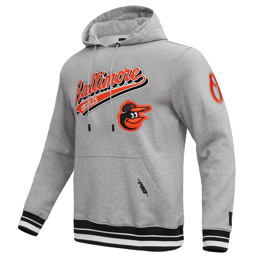 MLB BALTIMORE ORIOLES SCRIPT TAIL MEN'S RIB FLC PO HOODIE (HEATHER GRAY/BLACK)