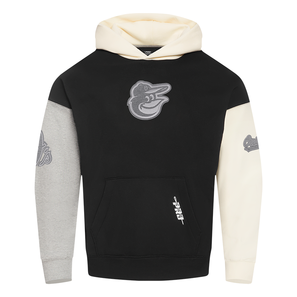 MLB BALTIMORE ORIOLES REVERSE FRENCH TERRY CHANDAIL À CAPUCHON EN MOLLETON À BLOCS DE COULEUR POUR HOMME (NOIR/GRIS/COQUILLE D'ŒUF)