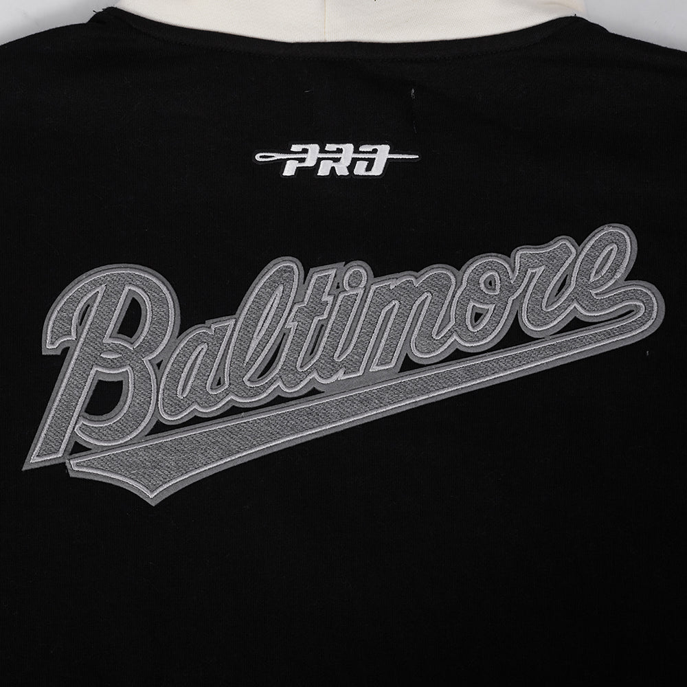 MLB BALTIMORE ORIOLES REVERSE FRENCH TERRY CHANDAIL À CAPUCHON EN MOLLETON À BLOCS DE COULEUR POUR HOMME (NOIR/GRIS/COQUILLE D'ŒUF)