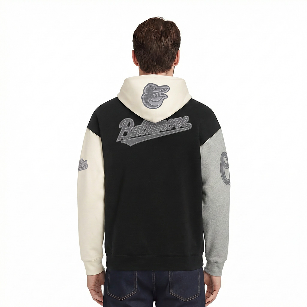 MLB BALTIMORE ORIOLES REVERSE FRENCH TERRY CHANDAIL À CAPUCHON EN MOLLETON À BLOCS DE COULEUR POUR HOMME (NOIR/GRIS/COQUILLE D'ŒUF)