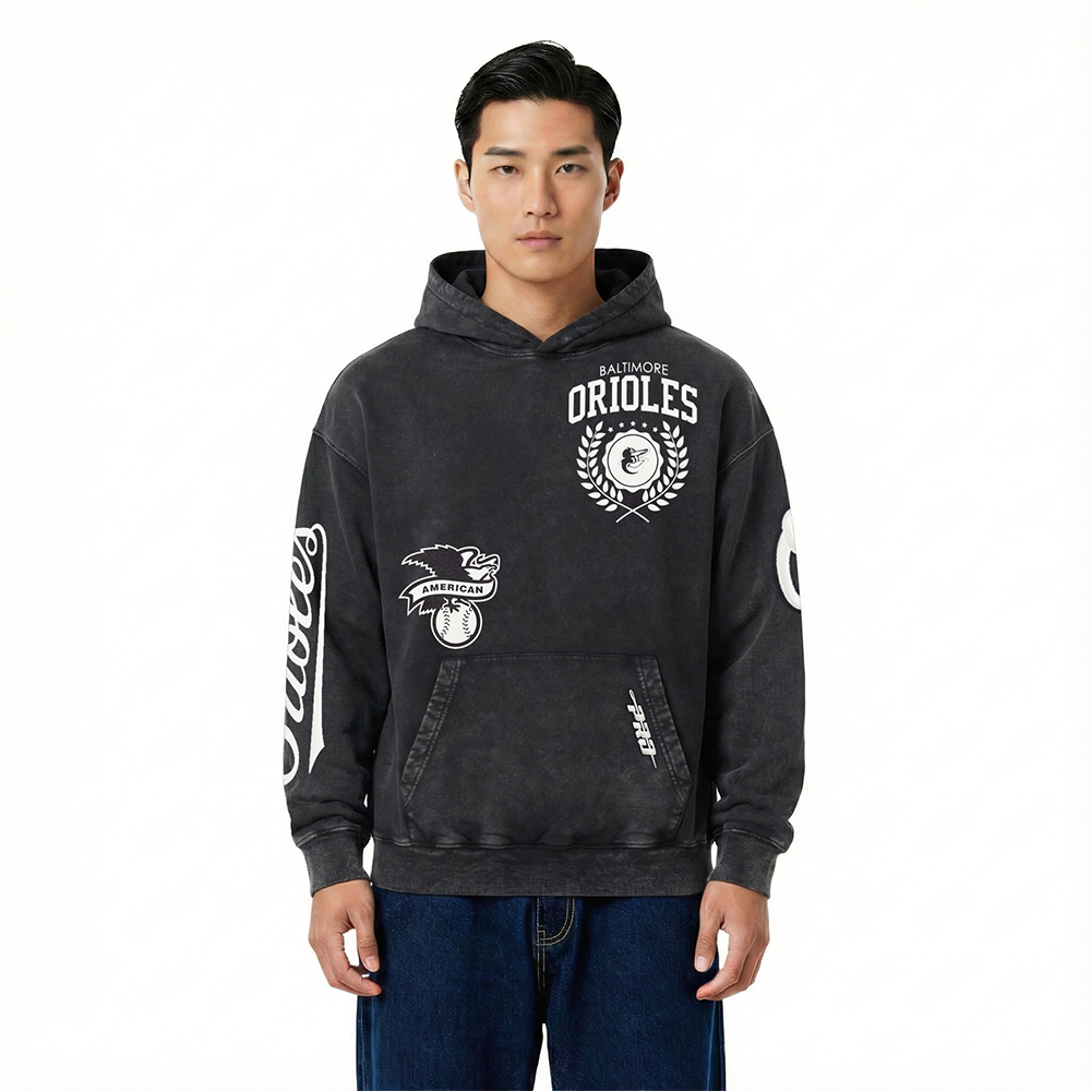 MLB BALTIMORE ORIOLES STREET TEAM MEN'S ENZYME WASH DS FT PO HOODIE (WASHED BLACK)
