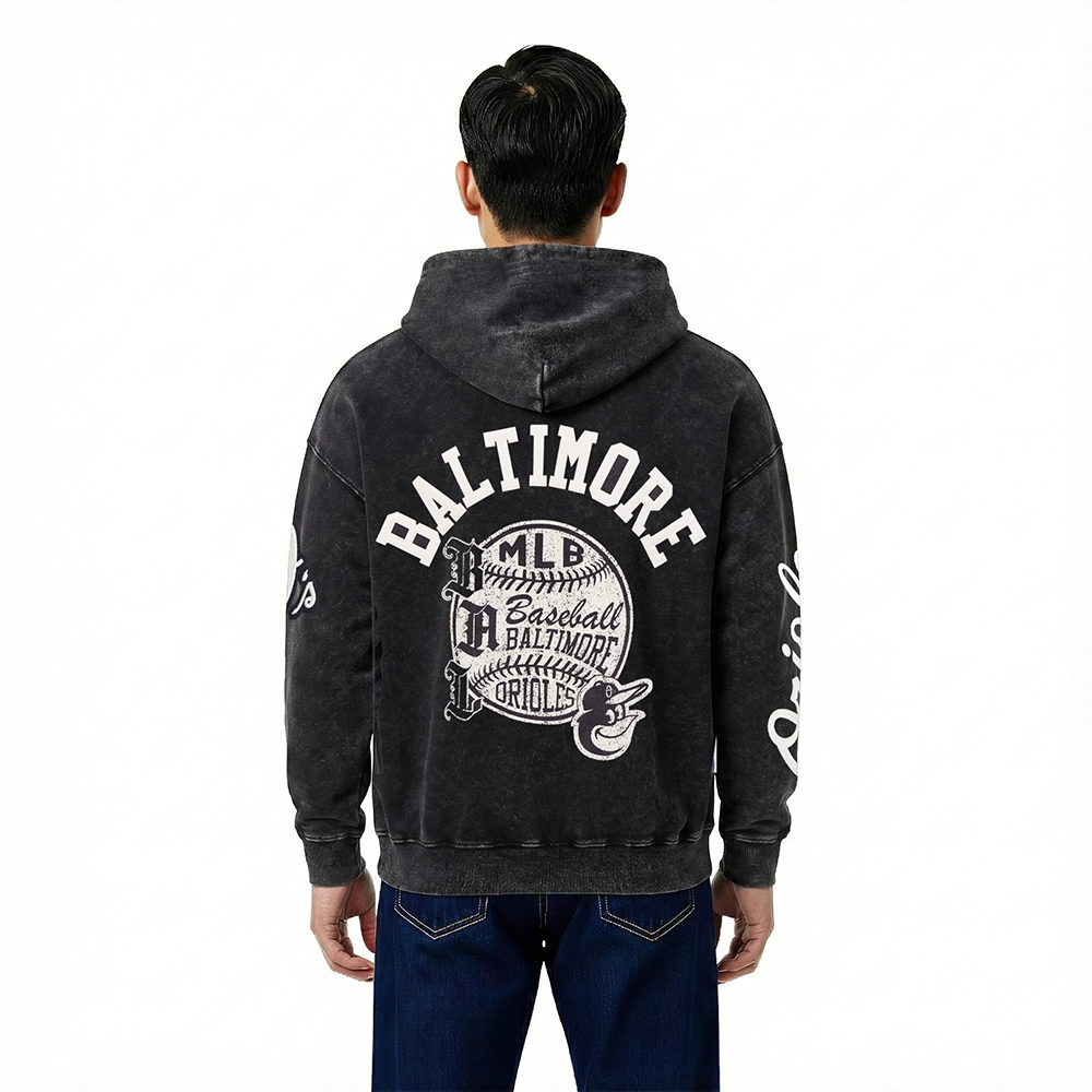 MLB BALTIMORE ORIOLES STREET TEAM MEN'S ENZYME WASH DS FT PO HOODIE (WASHED BLACK)