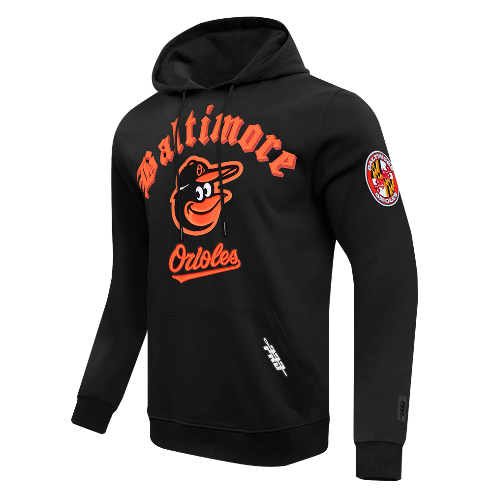 MLB BALTIMORE ORIOLES OLD ENGLISH MEN'S FLC PO HOODIE (BLACK)