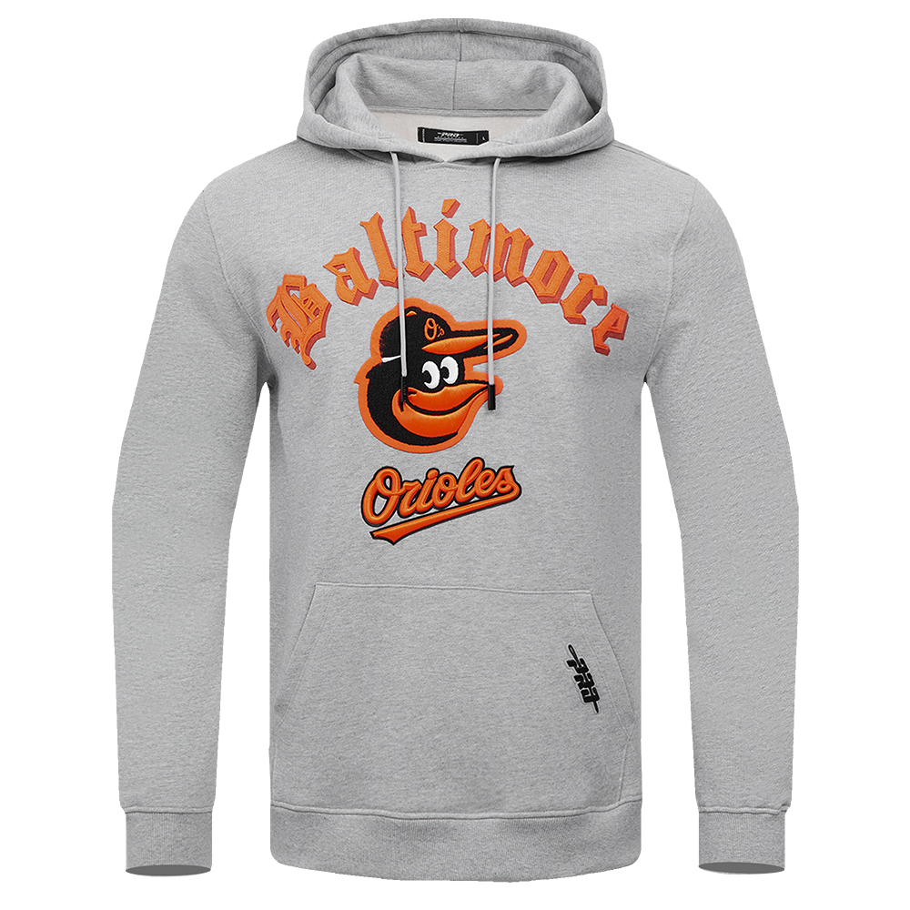 MLB BALTIMORE ORIOLES OLD ENGLISH MEN'S FLC PO HOODIE (HEATHER GREY)