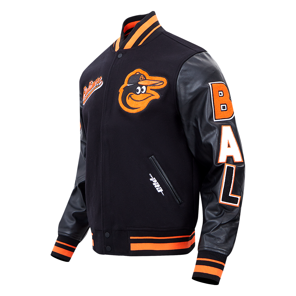 MLB BALTIMORE ORIOLES SCRIPT TAIL MEN'S VARSITY JACKET (BLACK/ORANGE)