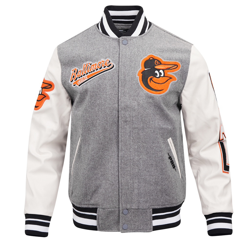 MLB BALTIMORE ORIOLES SCRIPT TAIL MEN'S VARSITY JACKET (HEATHER GREY/WHITE/BLACK)