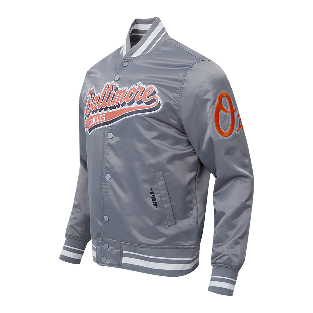 MLB BALTIMORE ORIOLES SCRIPT TAIL MEN'S SATIN JACKET (GRAY)