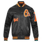 MLB BALTIMORE ORIOLES OLD ENGLISH BLOUSON EN SATIN À BORDS CÔTELÉS POUR HOMME (NOIR/ORANGE)