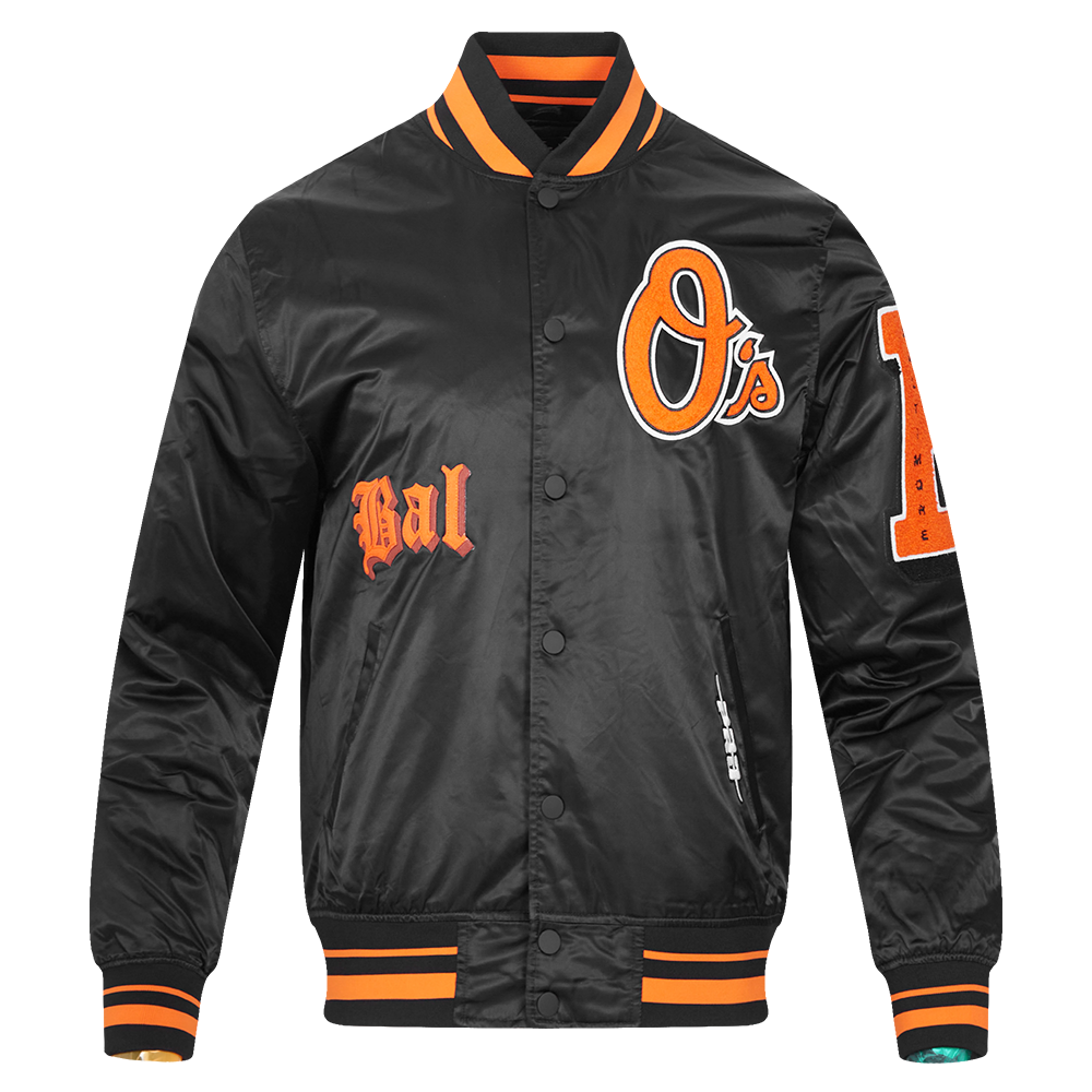 MLB BALTIMORE ORIOLES OLD ENGLISH MEN'S RIB SATIN JACKET (BLACK/ORANGE)