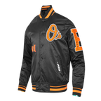 MLB BALTIMORE ORIOLES OLD ENGLISH BLOUSON EN SATIN À BORDS CÔTELÉS POUR HOMME (NOIR/ORANGE)