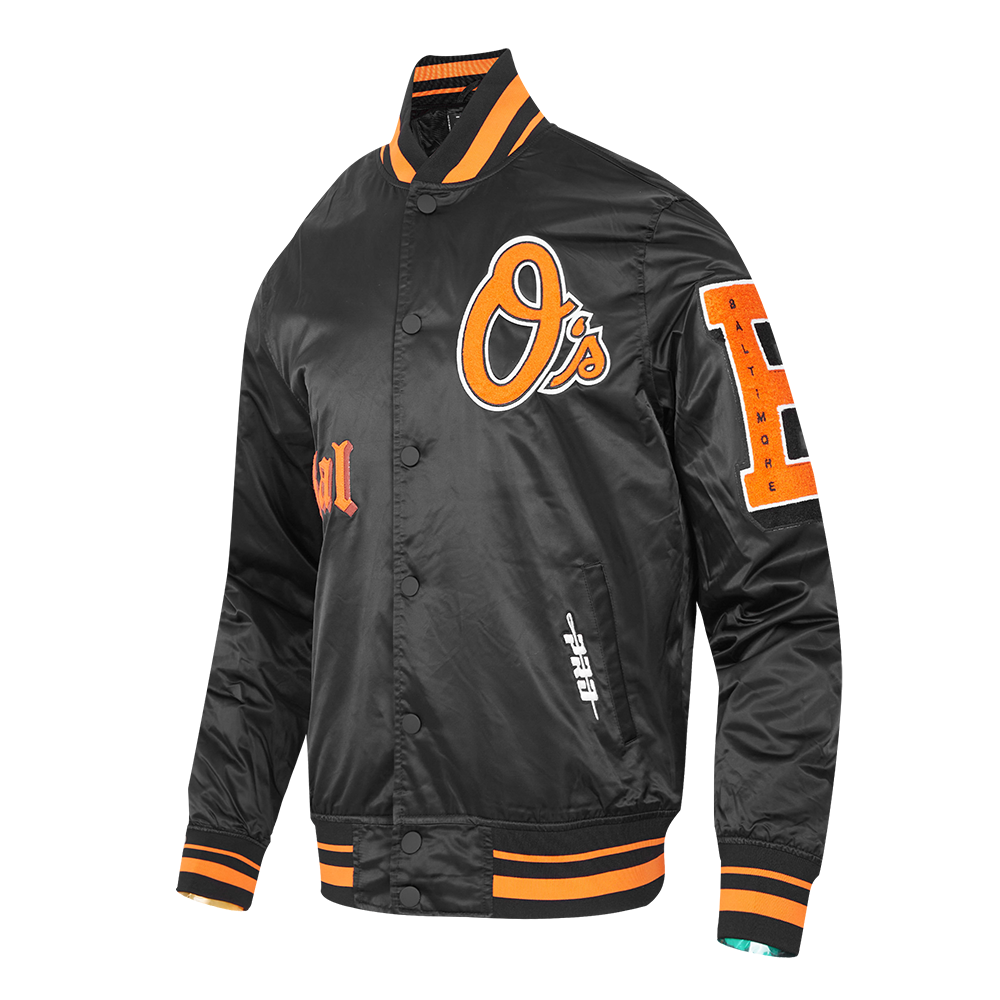 MLB BALTIMORE ORIOLES OLD ENGLISH MEN'S RIB SATIN JACKET (BLACK/ORANGE)
