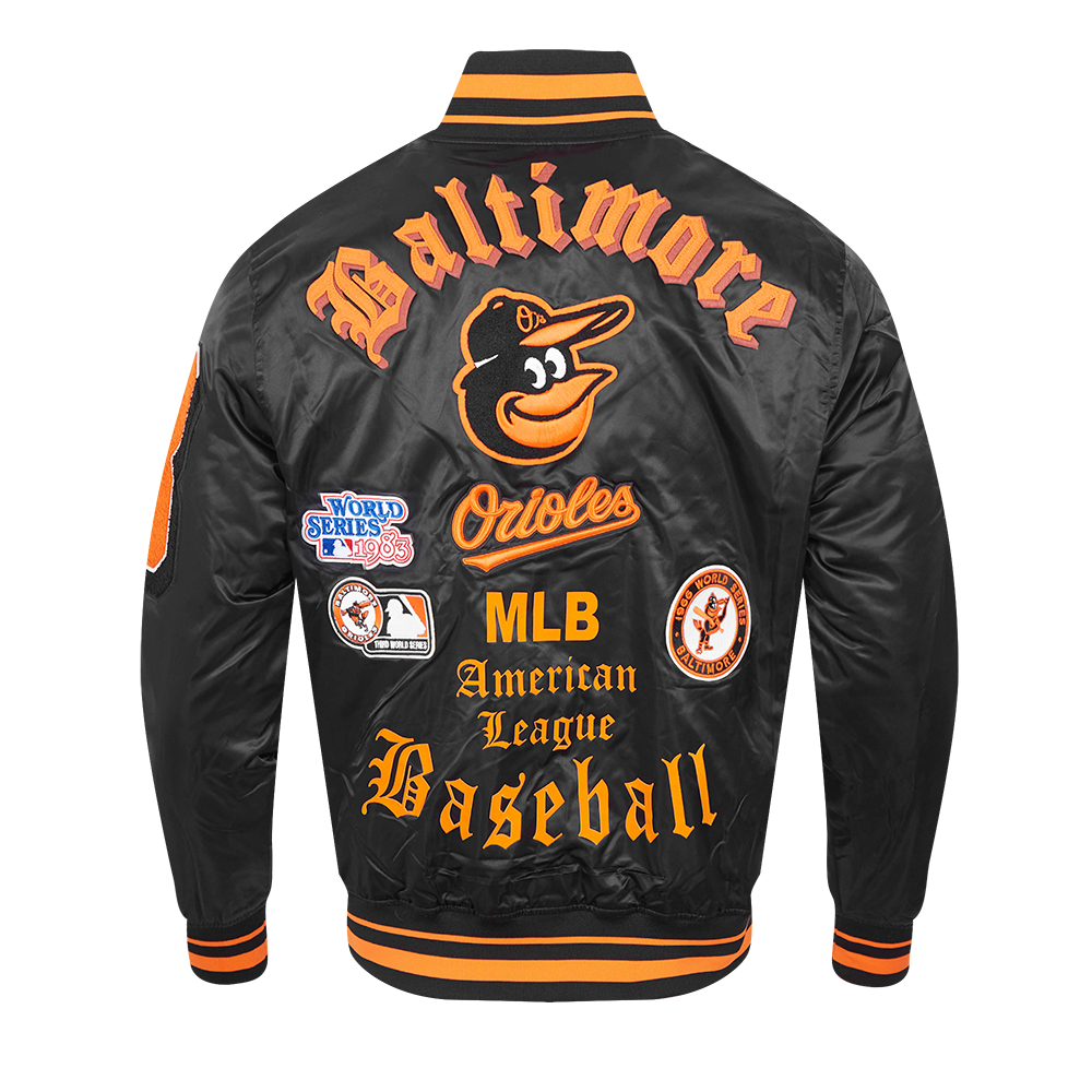 MLB BALTIMORE ORIOLES OLD ENGLISH BLOUSON EN SATIN À BORDS CÔTELÉS POUR HOMME (NOIR/ORANGE)