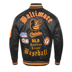 MLB BALTIMORE ORIOLES OLD ENGLISH BLOUSON EN SATIN À BORDS CÔTELÉS POUR HOMME (NOIR/ORANGE)