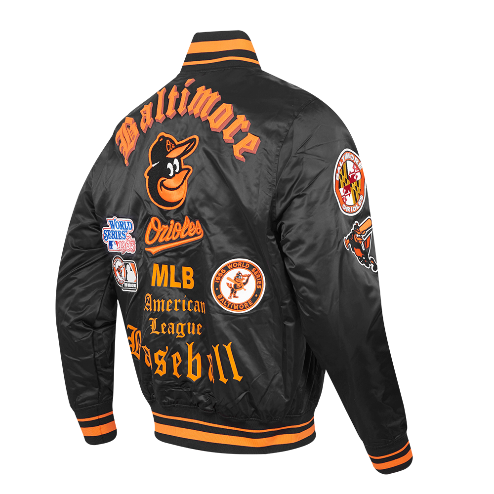 MLB BALTIMORE ORIOLES OLD ENGLISH BLOUSON EN SATIN À BORDS CÔTELÉS POUR HOMME (NOIR/ORANGE)