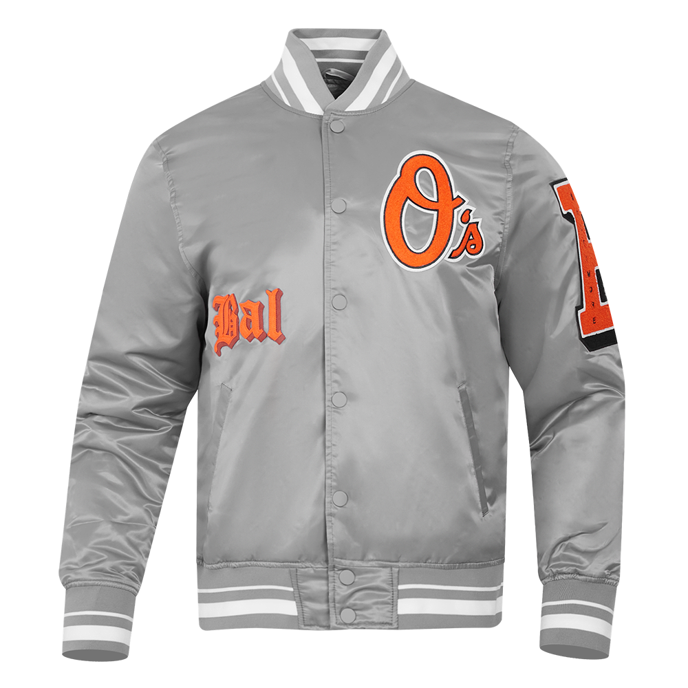 MLB BALTIMORE ORIOLES OLD ENGLISH MEN'S RIB SATIN JACKET (GRAY)