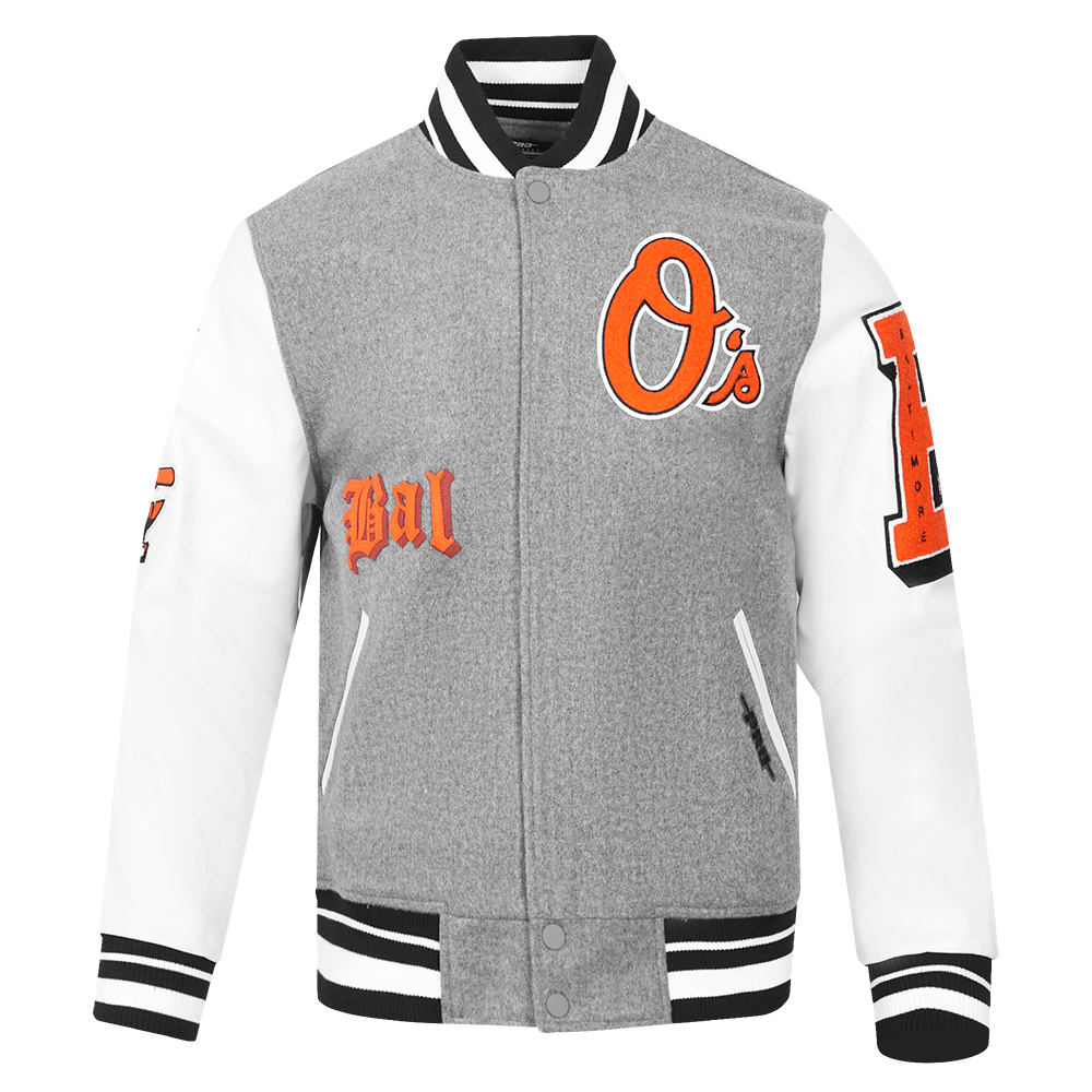 MLB BALTIMORE ORIOLES OLD ENGLISH MEN'S VARSITY JACKET (HEATHER GREY/WHITE/BLACK)