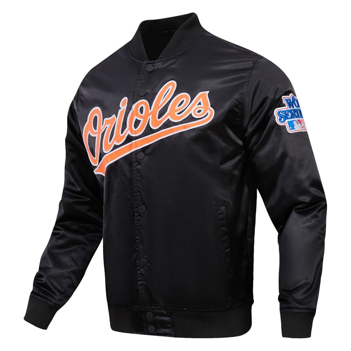 MLB BALTIMORE ORIOLES BIG LOGO WORLD SERIES MEN'S SATIN JACKET (BLACK)