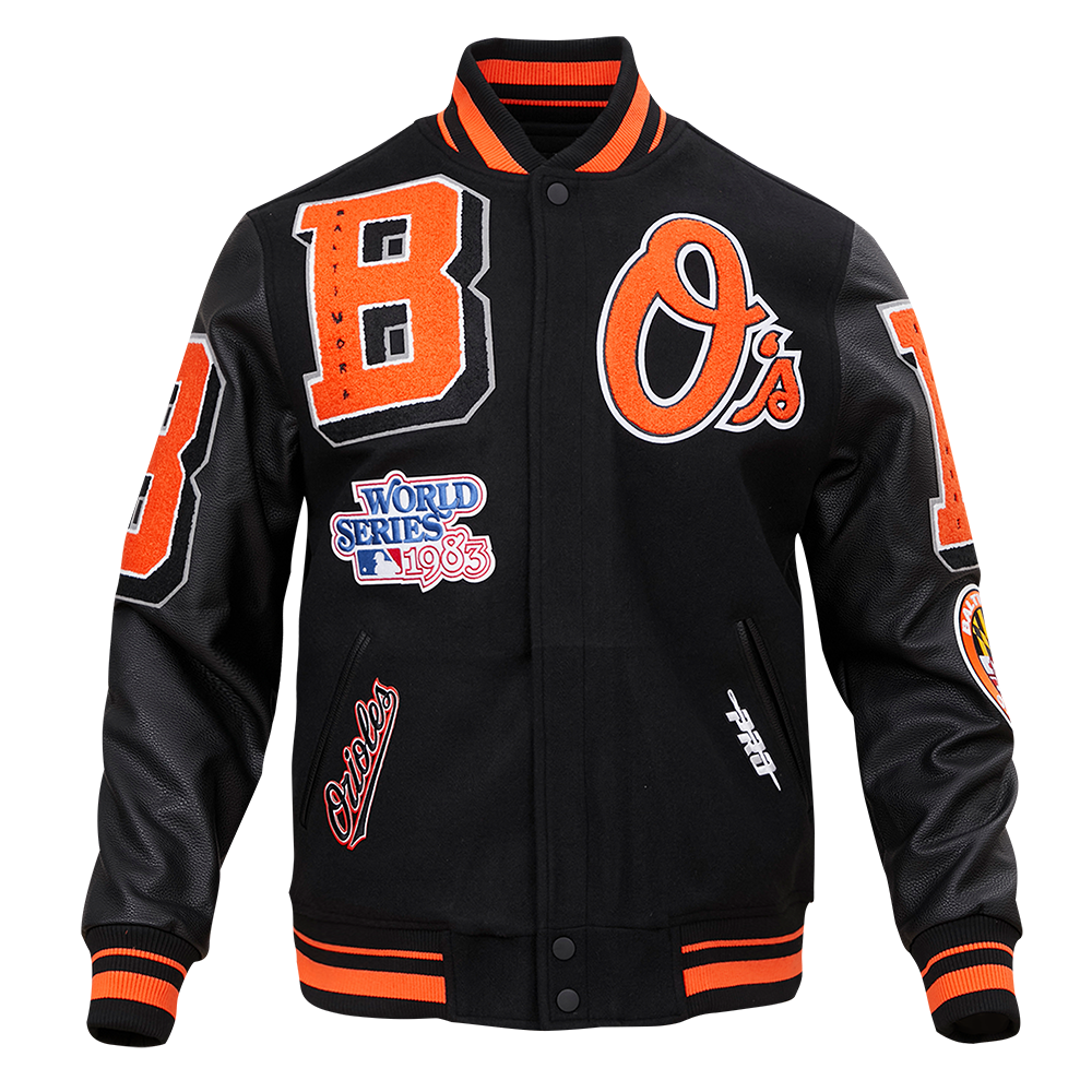 MLB BALTIMORE ORIOLES MASH UP MEN'S RIB WOOL VARSITY JACKET (BLACK/ORANGE)
