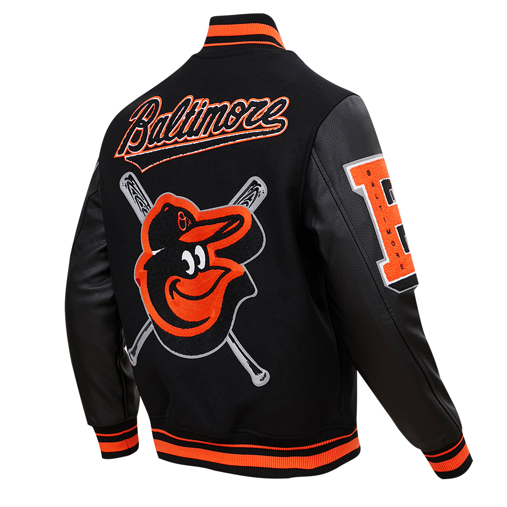 MLB BALTIMORE ORIOLES MASH UP MEN'S RIB WOOL VARSITY JACKET (BLACK/ORANGE)