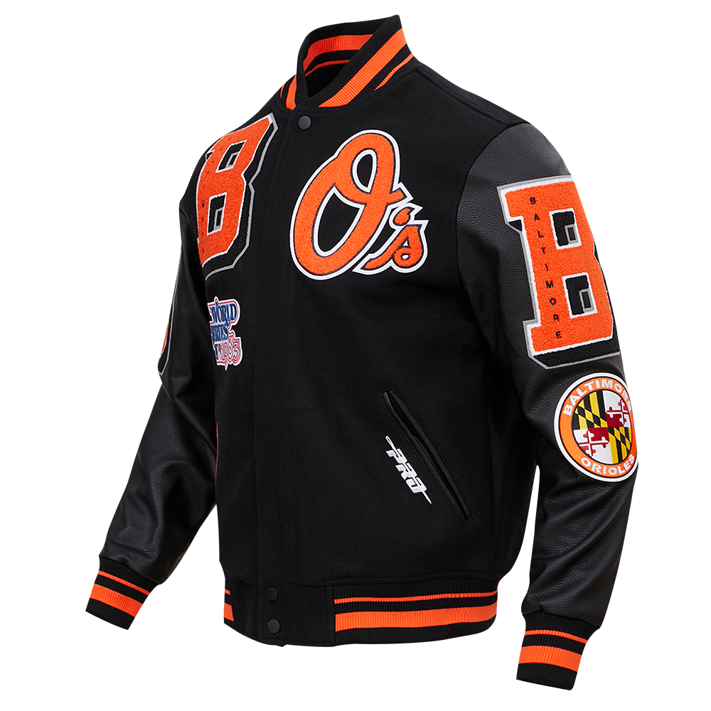 MLB BALTIMORE ORIOLES MASH UP BLOUSON COLLÉGIAL EN LAINE À BORDS CÔTELÉS POUR HOMME (NOIR/ORANGE)