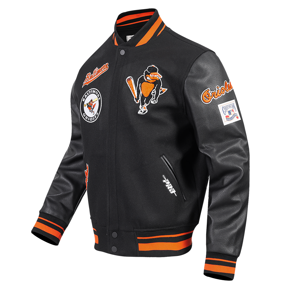 MLB BALTIMORE ORIOLES RETRO CLASSIC MEN'S RIB WOOL VARSITY JACKET (BLACK/ORANGE)
